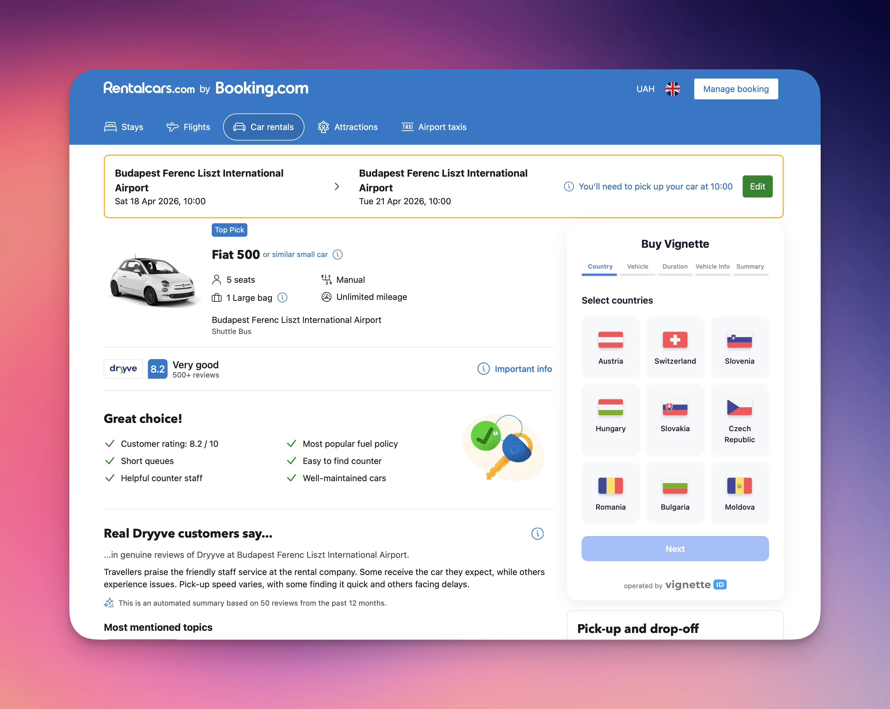 Vignette widget embedded on a car rental booking page